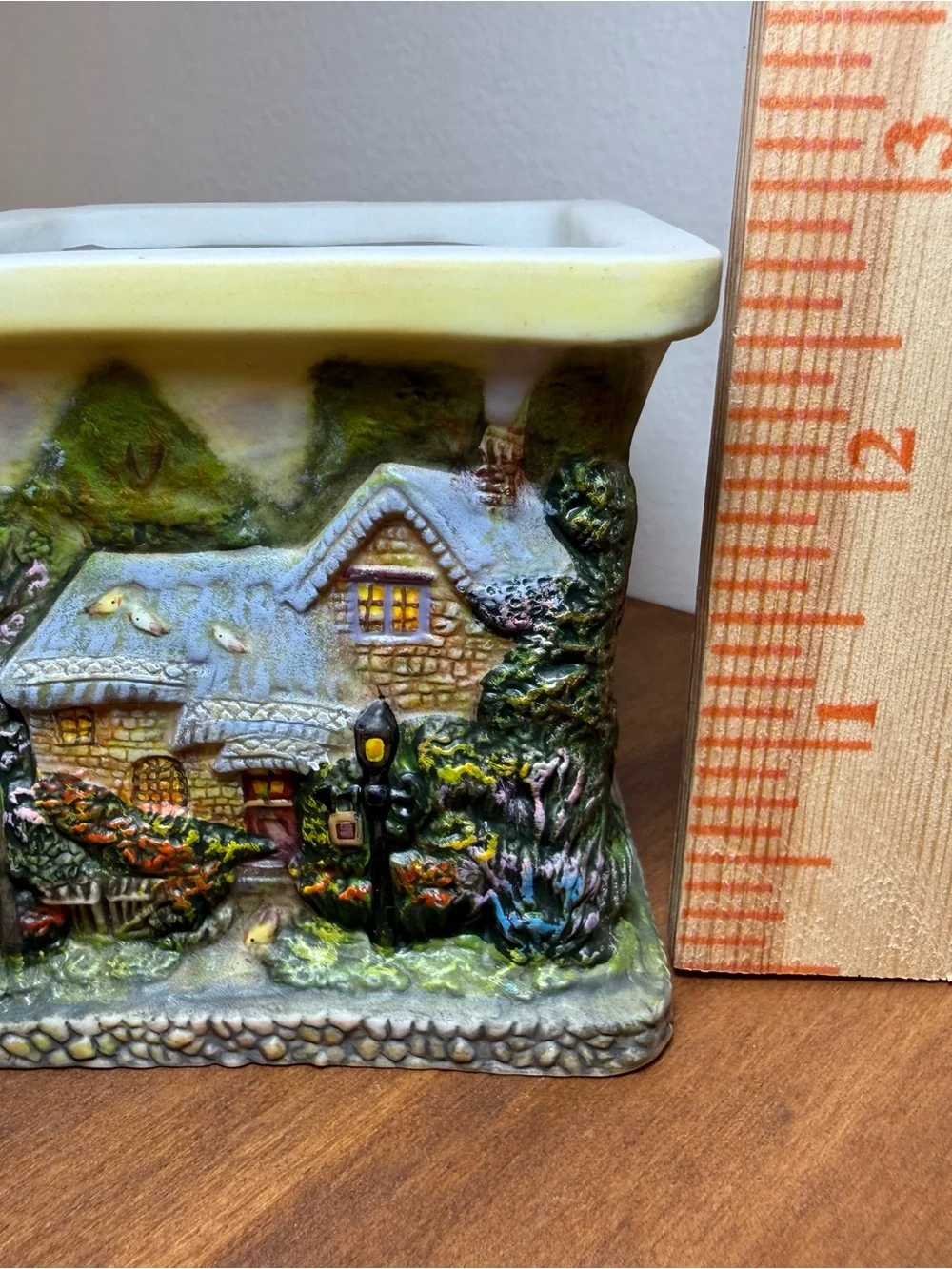 Thomas Kinkade Hand-Painted Cottage Planter in Green, Yellow, Blue and Brown